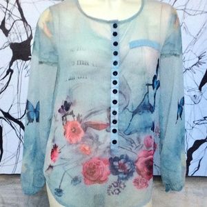 Sheer ¾ Sleeve High Low Blouse